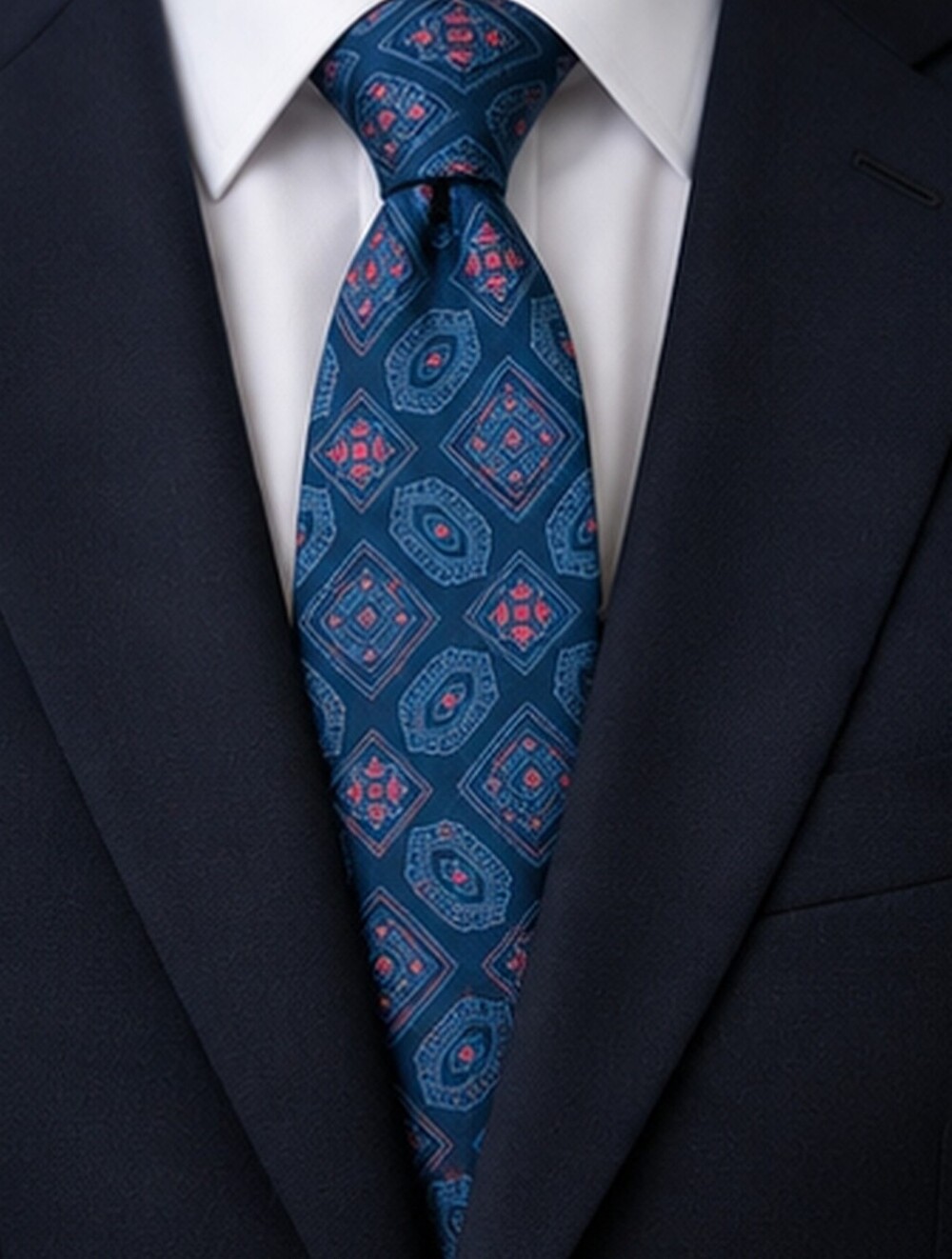 Federico Pio 100% Silk Geometric Necktie – Navy Blue & Red